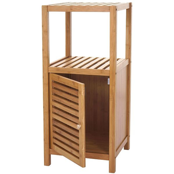 Mendler badkamerplank HWC-B18, badkamer badkamerkast staande plank met deur, bamboe, 80x36x34cm, 57556