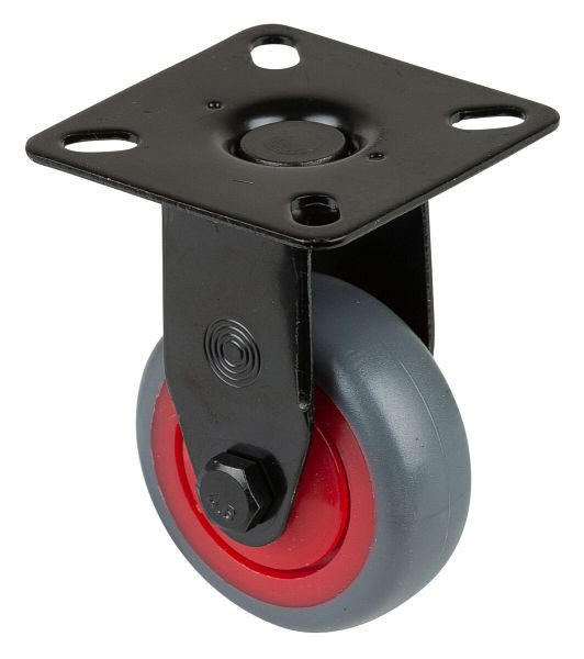 BS Castors Bokwiel zwart, thermoplastisch rubber wiel grijs, velg rood, kogellager, plaat, diameter: 50 mm, verpakking: 8 stuks, A810.A85.050.03