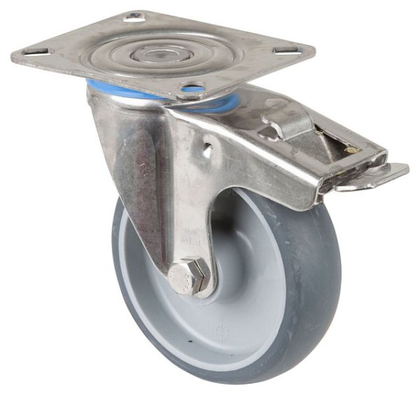 BS rollen RVS transportrol met rem, B30 mm, Ø100 mm, tot 80 kg, thermoplast grijze banden, glijlager, plaat, H120.B43.100