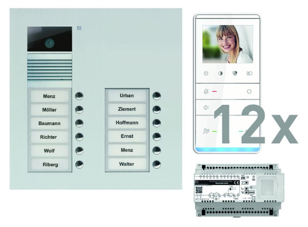 TCS videodeurbedieningssysteem: pak UP voor 12 wooneenheden, met voordeurstation AVU 12 belknoppen, 12x video handsfree luidspreker IVW5111, bedieningseenheid, PVU17120-0010