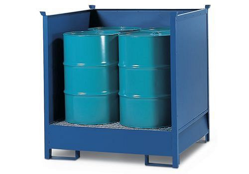 DENIOS station voor gevaarlijke goederen 4 P2-O-V50 van staal, geverfd, voor 4 vaten van 200 liter, 3 wanden, stapelbaar, 178-413