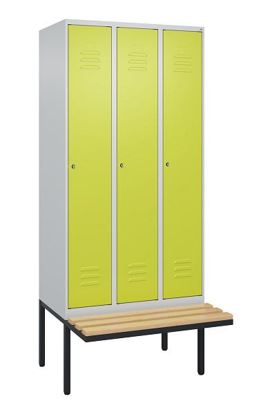 C+P Umkleidespind Classic PLUS, 3 Abteile, 2120x900x815mm, 7035/0024, Zylinderschlösser, Buche-Sitzleisten, je 2 Doppel-Haken, 0800407-30F S10054