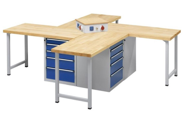 ANKE groepswerkbank met 4 hoeken; 4 werkplekken; 3000x3000 mm; RAL 7035/5010; Massief beuken blad 50 mm; stervorm