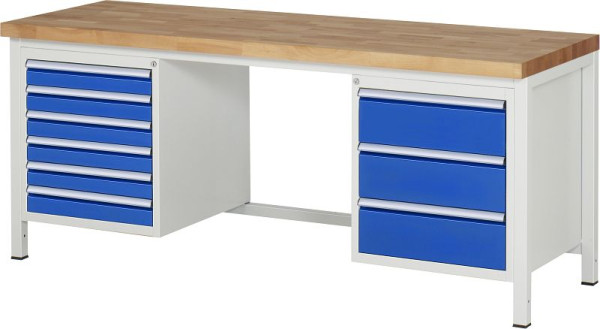 RAU werkbank serie 8000 - frameconstructie (gelast frame), 2 onderbouw containers (6x lade, 3x lade), 2000x840x700 mm, 03-8183A1-207B4S.11