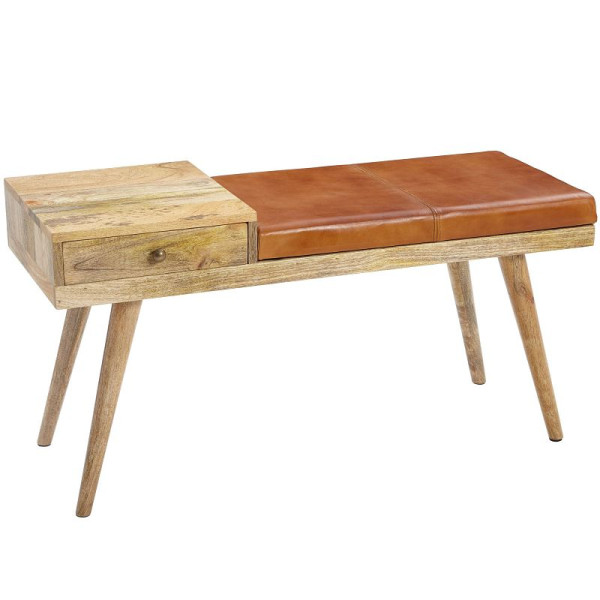 Wohnlingbank SALIM geitenleer / massief houten bank 100x52x38 cm in retrostijl, WL5.322