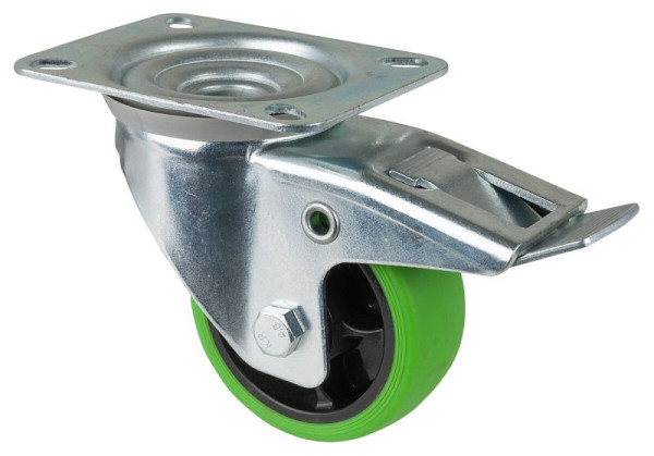 BS rollen transportwiel zwenkwiel met rem, thermoplastisch rubberen wiel, groene band, rollager, plaat, 80 mm, VE = 4 stuks, L420.B44.081.04