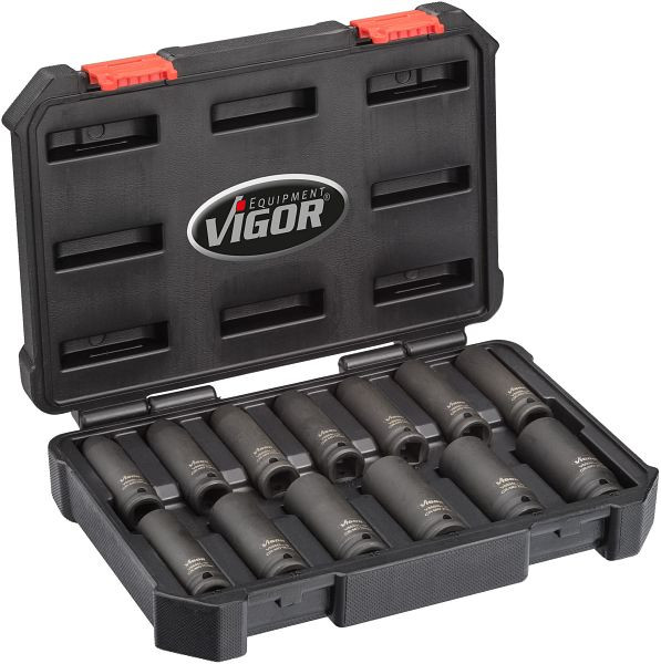 VIGOR slagmoersleutel dopsleutelset, lang, hol vierkant 12,5 mm (1/2 inch), buitenzeskantprofiel, 10 - 24, aantal gereedschappen: 13, V5550L