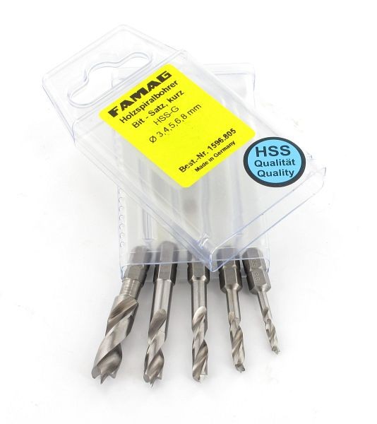 Famag houtboor HSS-G bits kort, 5 stuks in blister Ø 3, 4, 5, 6, 8 mm, 1596.805.00
