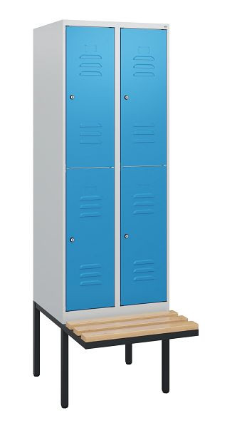 C+P dubbeldekskast Classic PLUS, 2 compartimenten, 1950x600x815mm, 7035/5012, cilindersloten, beukenhouten zitlatten, zitting, 0803405-20 S10034