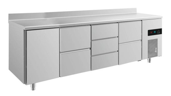 A&S Polarny koeltafel -2 tot +8°C met deur links, 2x twee laden en drie laden middenrechts, 2330 x 700 x 850 mm, met opstand, KT4TZDZA