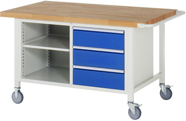 RAU verrijdbare werkbank serie 8000, dubbele bodemcontainer (3x lade, 1x legbord), 1500x880x900 mm, 05-8462A2-159B4S.11