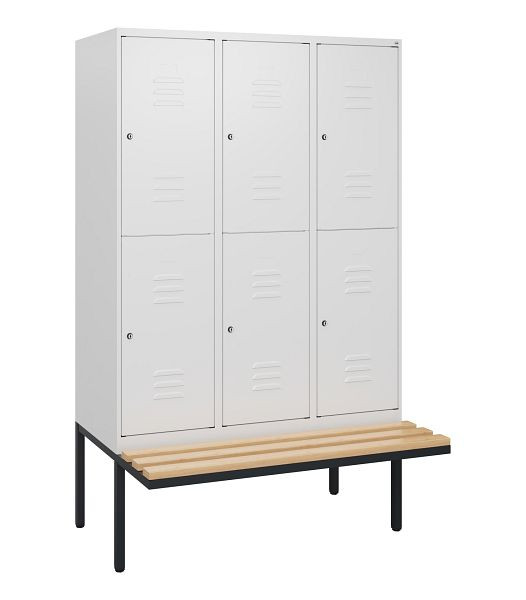 C+P dubbeldekskast Classic PLUS, 3 vakken, 1950x1200x815mm, 9016/9016, cilindersloten, beukenhouten zitlatten, zitting, 0803405-32 S10044