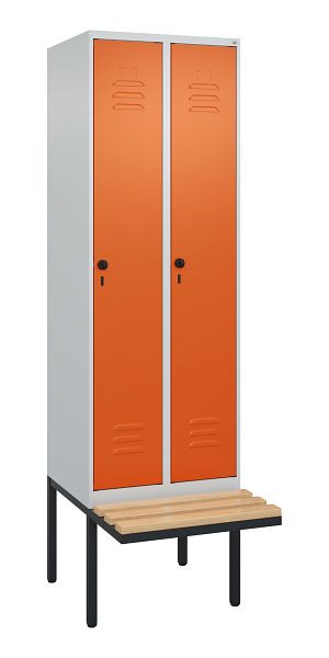 C+P Umkleidespind Classic PLUS, 2 Abteile, 2120x600x815mm, 7035/2004, Drehriegel, Buche-Sitzleisten, je 2 Doppel-Haken, 0800407-20F S10119