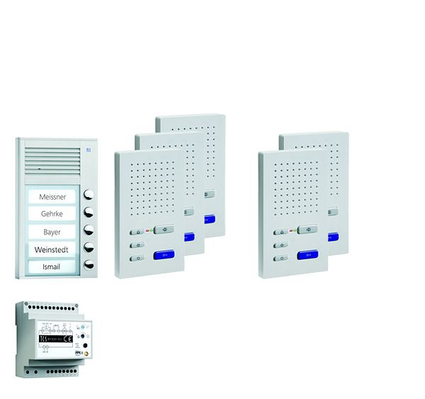 TCS deurbediening audio: pack AP voor 5 wooneenheden, met buitenpost PAK 5 belknoppen, 5x handsfree luidspreker ISW3030, bedieningseenheid BVS20, PPAF05-EN / 02