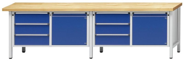 ANKE kastwerkbank; 2 werkplekken; 2800x700 mm; RAL 7035/5010; Links 3 laden 180 mm; Rechts 1 deur 540 mm