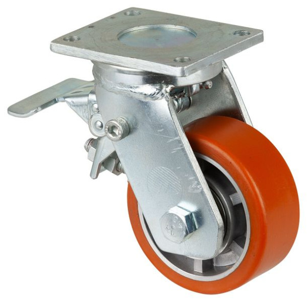 BS-wielen Zwaarlastwiel met wiel/slot, B40 mm, Ø100 mm, tot 200 kg, oppervlak gegoten polyurethaan 95 Shore A, aluminium, kogellager, RR120.B90.100