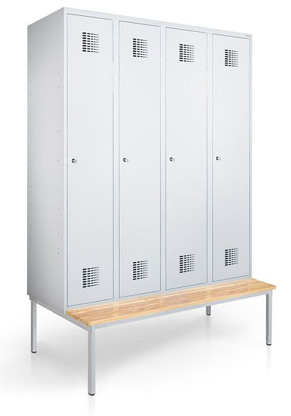 KEMMLIT lockerkast met 4 vakken 30cm met bank, lichtgrijs 7035, draaibare sluiting, 100121