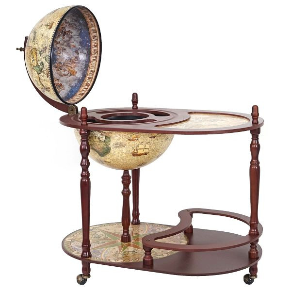 Mendler globe bar met tafel HWC-D84, minibar huisbar table bar, globe Ø 42cm, eucalyptushout, 64523+64524