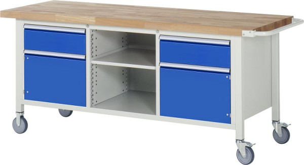 RAU verrijdbare werkbank serie 8000, drievoudige onderbak (2x lade, 2x draaideur), 2000x880x700 mm, 05-8561A2-207B4S.11