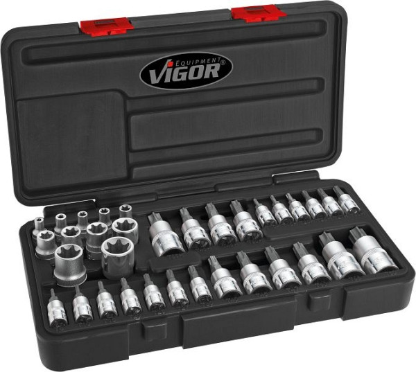 VIGOR TORX® dopsleutelset, binnen TORX® profiel, fraudebestendig TORX® profiel, E4 - E20, T9 - T60, aantal gereedschappen: 34, V1781