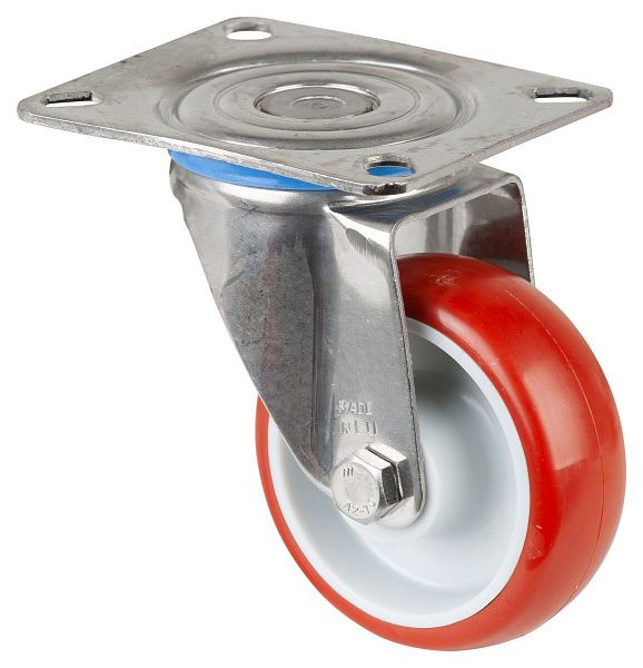 BS rollen RVS transportrol, breedte 28 mm, Ø80 mm, tot 100 kg, loopvlak polyurethaan rood, wiellichaam kunststof, glijlager, plaat, H100.B26.080