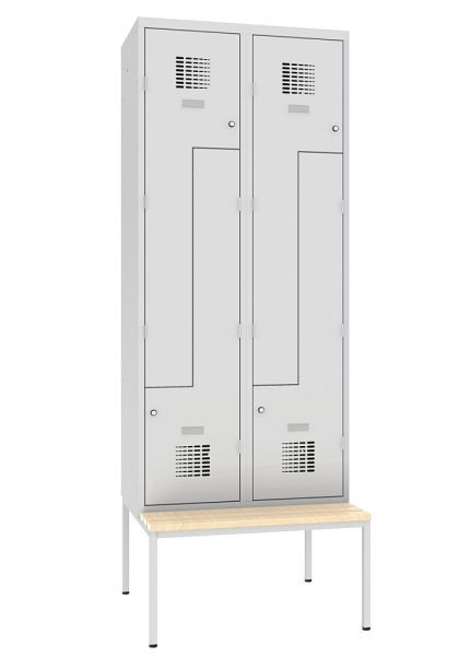 KEMMLIT Z-locker met 2 vakken en 4 deuren 40cm met bank, lichtgrijs 7035, draaibare sluiting, 100170