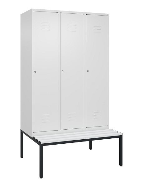 C+P Umkleidespind Classic PLUS, mit untergebauter Sitzbank, 3 Abteile, 2120x1200x815mm, 9016/9016, Zylinderschlösser, 0800507-32 S10029
