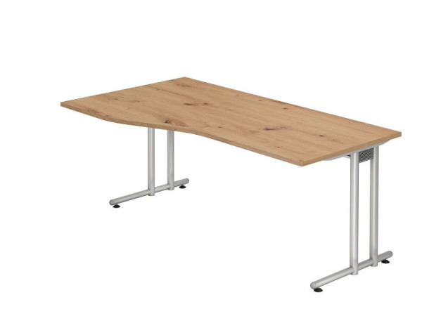 Hammerbacher bureau NS18, 180 x 100/80cm, blad: knoestig eiken, 25 mm dik, C-poot frame zilver (vergelijkbaar met RAL 9006), werkhoogte 72 cm, VNS18/R/S