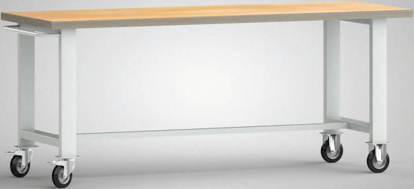 KLW mobiele standaard werkbank, 2000 x 700 x 840 mm, met beuken multiplex blad, met duwbeugel en 2 zwenkwielen, WS800N-2000M40-X1890