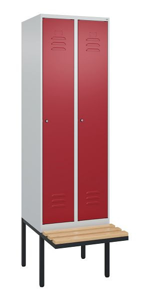 C+P Umkleidespind Classic PLUS, 2 Abteile, 2120x600x815mm, 7035/3003, Zylinderschlösser, Buche-Sitzleisten, je 2 Doppel-Haken, 0800407-20F S10046