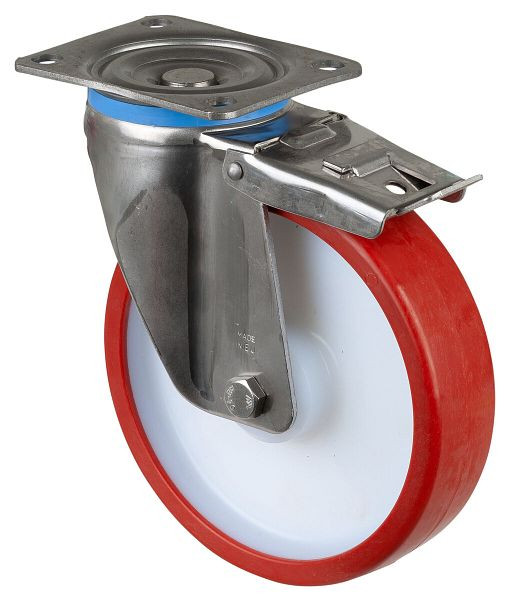 BS Wielen RVS zwaarlastwiel met rem, B50 mm, Ø200 mm, tot 450 kg, rood polyurethaan oppervlak, rollager, HS120.B28.201