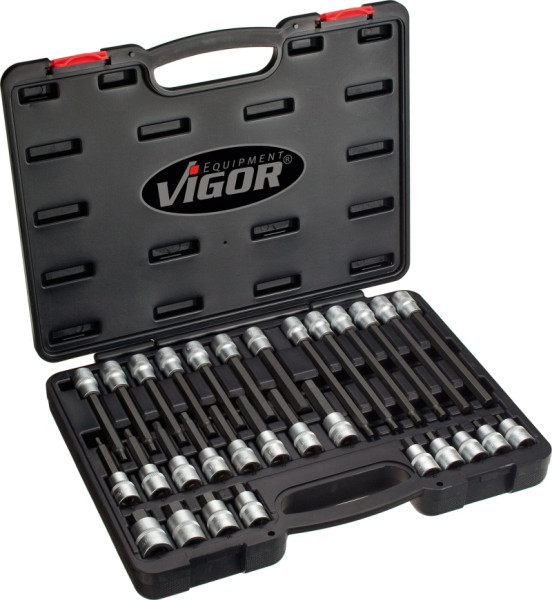 VIGOR binnenzeskant schroevendraaier bitset, hol vierkant 12,5 mm (1/2 inch), binnenzeskant profiel, 5 - 19, aantal gereedschappen: 30, V1919