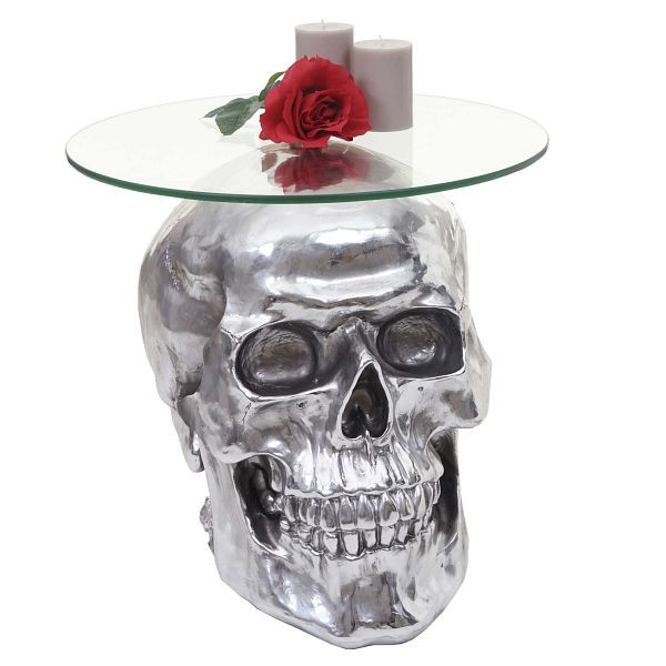 Mendler bijzettafel schedel HWC-A19, polyresin glazen tafel salontafel, zilver 52x55x55cm, 57017