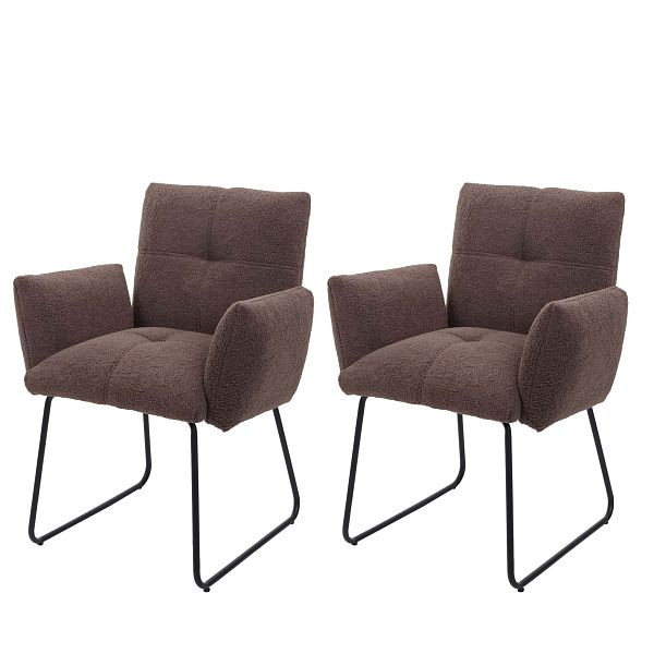 Mendler set van 2 eetkamerstoelen HWC-K34, keukenstoel gestoffeerde stoel met armleuningen, Öko-Tex Bouclé stof/textiel metaal, bruin, 89665