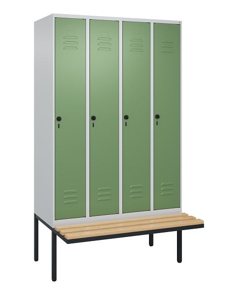 C+P Umkleidespind Classic PLUS, 4 Abteile, 2120x1200x815mm, 7035/6011, Drehriegel, Buche-Sitzleisten, je 2 Doppel-Haken, 0800407-40F S10006