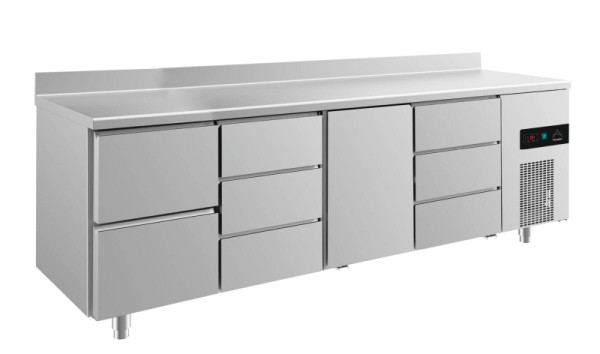 A&S Polarny koeltafel -2 tot +8°C met deur midden rechts, twee laden links en 2x drie laden, 2330 x 700 x 850 mm, met opstaande rand, KT4ZDTDA