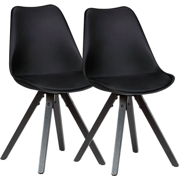 Wohnling set van 2 retro eetkamerstoelen zwart met zwarte poten, Scandinavische rugleuning, gevoerd, WL6.134