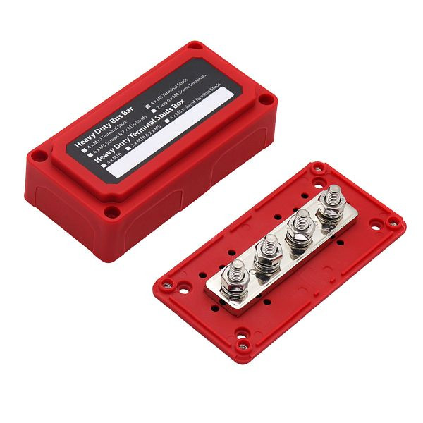 Offgridtec BusBar Box Rood 4 x M8 aansluitbouten inclusief deksel en bevestigingsschroeven, 8-01-012831