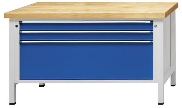 ANKE kastwerkbank; 1500x800 mm; RAL 7035/5010; Laden in XXL-formaat 1200x600 mm (BxD); 3 laden 90, 90, 360 mm