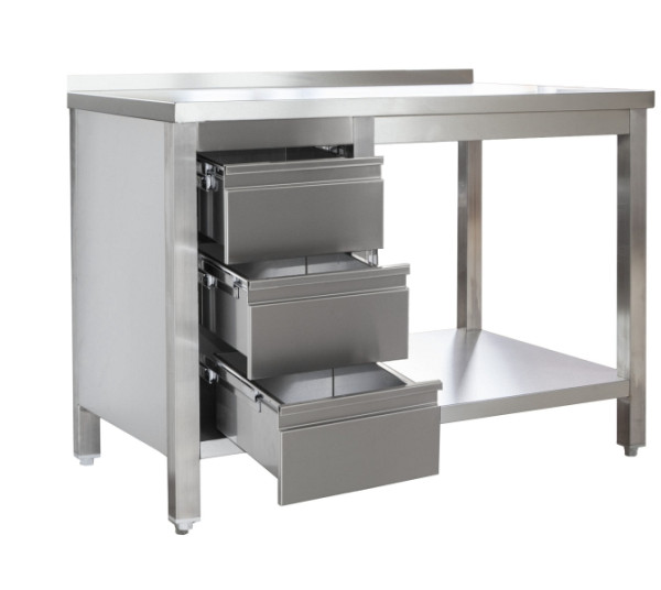 A&S Gastro RVS werktafel met opstand, ladeblok links, diepte 600mm, met onderstel, AISI 304, 800 x 600 x 850 mm, ARTGASL086