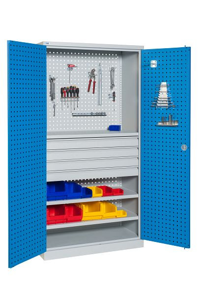 SOFAME werkplaatskast met geperforeerde panelen B 1000 x D 500 x H 1950 mm; met 3 laden, 1 plank en 1 houten werkblad, W030080003GCBI