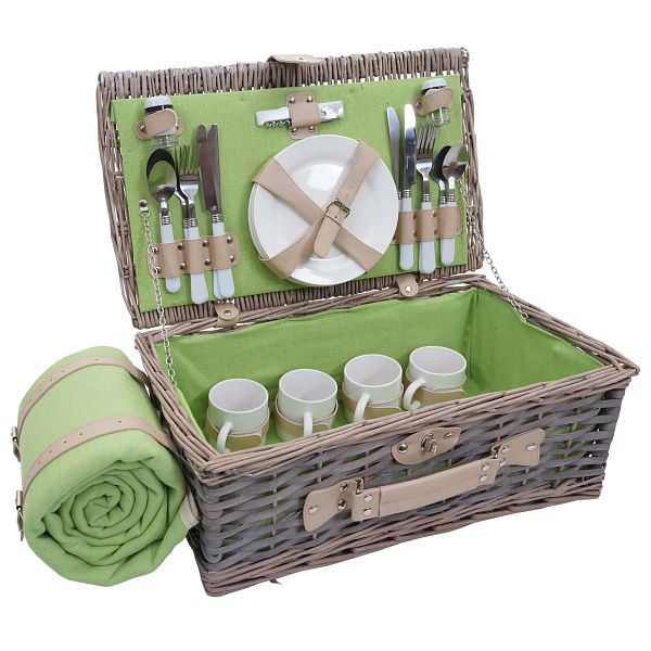 Mendler HWC-B24 picknickmandset voor 4 personen, rieten mand, porselein roestvrij staal, grijsgroen, 76400
