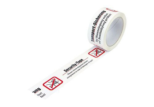 DENIOS waarschuwingstape, PP, transportbeveiligingsopdruk, in wit, 50 mm breed x 66 m, verpakking: 12 rollen, 299573