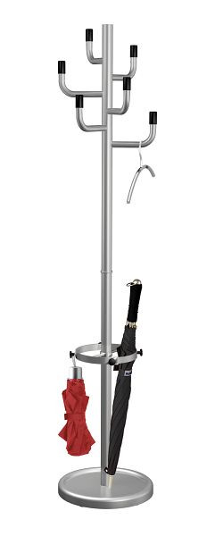 Kerkmann Vegas B kapstok met 6 haken, parapluhouder en lekbak, Ø 360 x H 1745 mm, aluminium zilver/zwart, 30610714