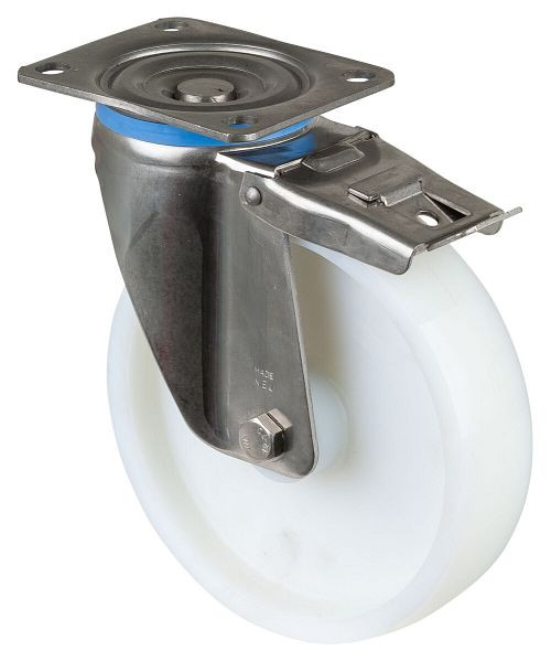 BS Rolls RVS zwaarlastwiel met rem, breedte 50 mm, Ø200 mm, tot 450 kg, oppervlak/lichaam kunststof, RVS rollager, HS120.B14.201