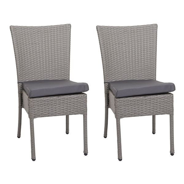 Mendler set van 2 poly rotan stoelen HWC-G19, balkonstoel, tuinstoel, stapelbaar, grijs, kussens donkergrijs, 97138