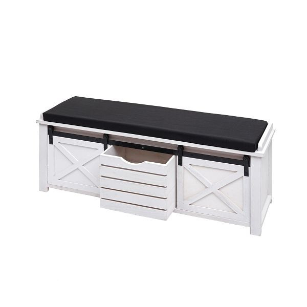 Mendler bank met opbergvakken HWC-H53, gestoffeerde zitbank ladekast, shabby look massief hout metaal stof 43x102x33cm, wit, 73776