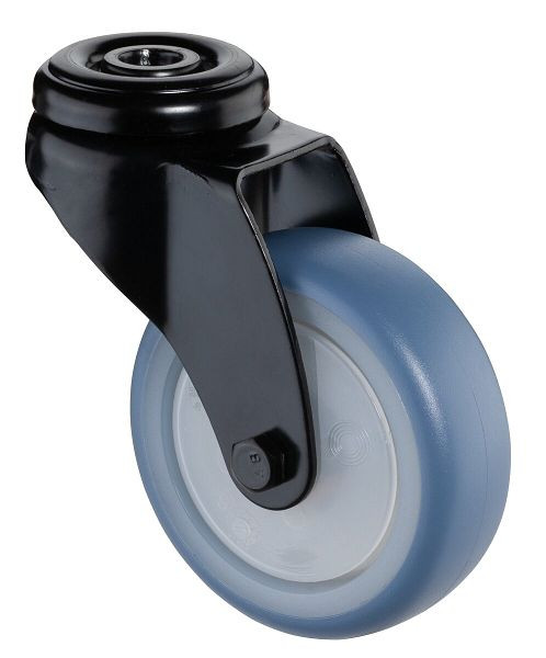 BS Castors Zwenkwiel zwart, thermoplastisch rubber wiel lichtblauw, natuurlijke velg, kogellager, achtergat, diameter: 75 mm, verpakking: 4 stuks, A801.A85.075.05