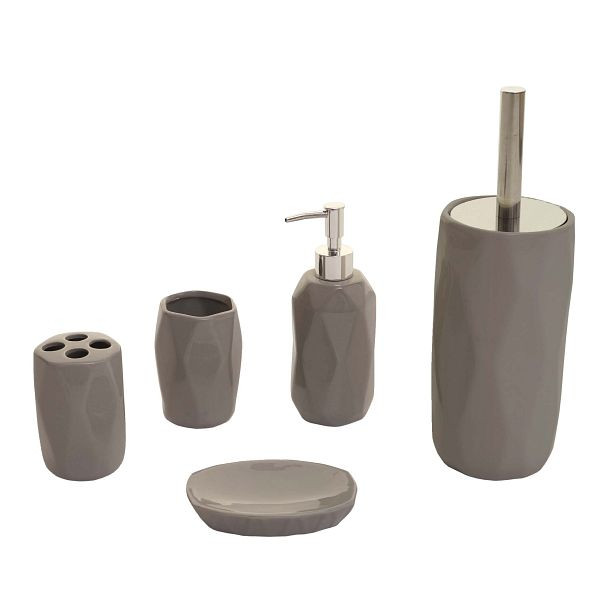 Mendler 5-delige badkamerset HWC-H88, toiletset, badkamerset, badkameraccessoires, keramiek, grijs, 74238