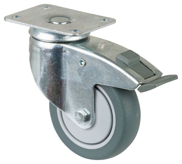 BS-wielen Zware apparaatwielen met rem, breedte 30 mm, Ø100 mm, tot 80 kg, grijs rubber, kogellagers, plaat, VE = 2 stuks, C120.A85.100